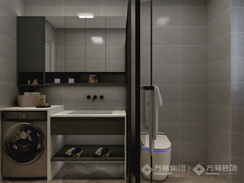 灰色系的瓷砖，配上深色的家具